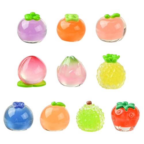 Stiesy 10 Stück 10 Stile 3D Obst Transparent Harz Schleim Charms Persimmon Apple Pfirsich Durian Heidelbeere Erdbeere Orange Miniatur-Ornamente für Mikrogarten, Landschaft, Puppenhaus von Stiesy