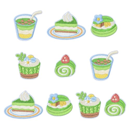 Stiesy 10 Stück Kawaii Sweet Food Bügelbilder 5 Stile Sommer Grün Creme Puff Cupcake Milch Tee Computergesteuerte Stickerei für Tasche DIY Kawaii Mode Applikationen von Stiesy