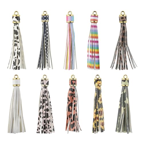 Stiesy 10 Stück Lederquasten Anhänger Bunt Bedruckte Leopard Quaste Schlüsselanhänger Große Quaste Charm Dekoration für DIY Bastelbedarf DIY Schlüsselanhänger Schmuckherstellung Bastelbedarf von Stiesy