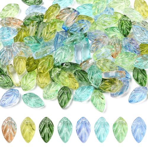 Stiesy 100 Stück handgefertigte Lampwork-Blattperlen mit 1 mm Loch oben gebohrt, transparente Glas-Kristallperlen für Halsketten, Armbänder, Ohrringe, Anhänger, Bastelbedarf, Schmuckherstellung von Stiesy