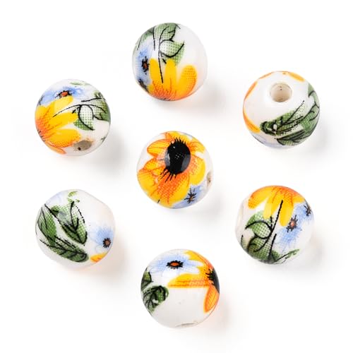 Stiesy 100 Stück handgefertigte Porzellanperlen 8 mm rund mit Sonnenblumenmuster, weiß glasierte Keramikperlen mit 1,8 mm Loch für Boho-Ohrringe, Armbänder, DIY-Blumen-Bastelbedarf von Stiesy