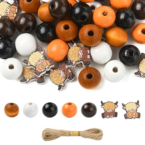 Stiesy 100 Stück runde Holzperlen mit Jutekordel zum Basteln, Holzperlen, Großpackung, Festival-Zubehör, DIY-Girlande, Heimdekoration von Stiesy