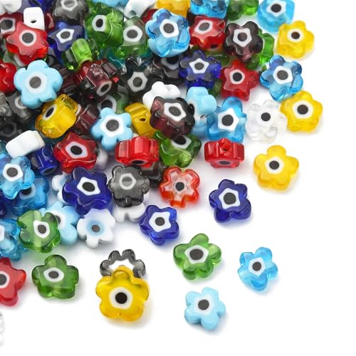 "Stiesy 128 Stück Blumenperlen Millefiori Lampwork Glasperlen Böser Blick Pflaumenblüten-Abstandsperlen für DIY-Schmuckherstellung Halskette Armband von Stiesy