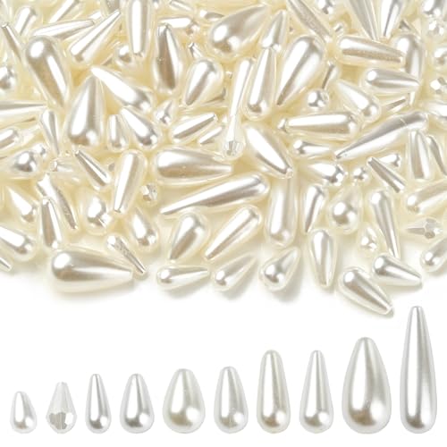 Stiesy 180 ~ 189 Stück/Box, 10 Stile, ABS-Imitationsperlen aus Kunststoff, Tropfenform, Abstandshalter, Perlen, weiß, ästhetische Perlen für Schmuckherstellung, Armbänder, Halsketten, Ohrringe, von Stiesy