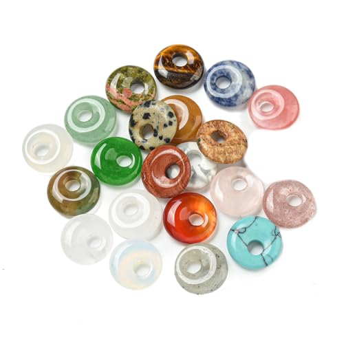 Stiesy 20 Stück zufällige Edelsteine Donut Charms Scheibe Edelstein Anhänger poliert flach rund Kristallstein großes Loch Perlen Charm für Schmuck Armband Handwerk Halskette Ohrringe Herstellung (Loch von Stiesy