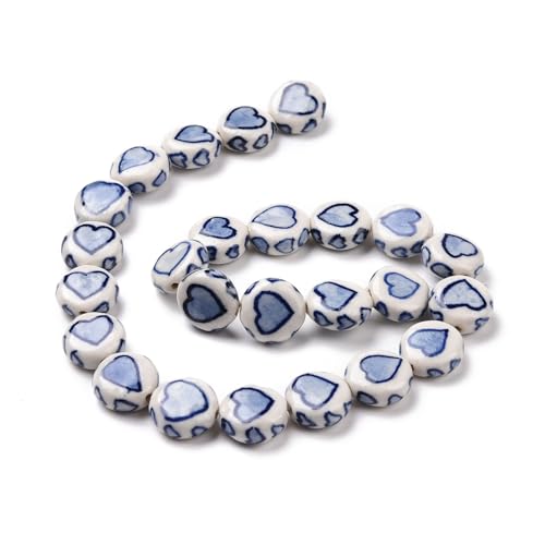 Stiesy 25 blaue und weiße Porzellan-Perlenstränge, flach, rund, mit Herzmuster, dunkelblau, Abstandshalter, lose Perlen, Großpackung für DIY-Armbänder, Schmuckherstellung von Stiesy