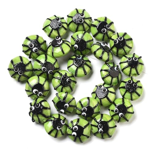Stiesy 30 Stück/Strang Spinne, Lampwork-Perlen, Strang, Halloween-Thema, flach, rund, mit Spinne, Sapcer, lose Perlen für Gothic-Schmuck, gruselige Dekoration von Stiesy