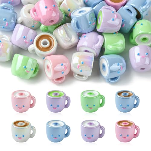 Stiesy 30 Stück Kaffeetassen-Perlen, Acryl, bunt, klobige Abstandshalter-Perlen für Schmuckherstellung, DIY, Armband, Basteln von Stiesy