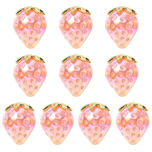 Stiesy 3D-Erdbeerperlen aus Kunstharz, mit Mikro-Pavé-Fassung, Zirkonia, Blatt, Rosa, Obst, Bastelperlen für Schlüsselanhänger, Handy, Schlüsselband, Schmuckherstellung, 10 Stück von Stiesy