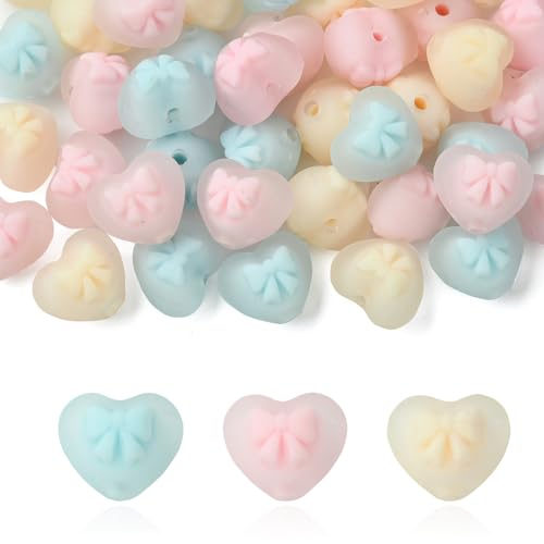 Stiesy 45 Stück 3 Farben blickdichte Acrylherzen mit Schleife, gummierter Stil, Liebesherz, Abstandshalter für DIY-Schmuckherstellung, Ohrringe, Halsketten, Armbänder, Bastelbedarf von Stiesy