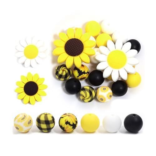 Stiesy 46 Stück gelbe Blumen-Silikonperlen mit 2 mm Loch, Sonnenblumen, 15 mm, runde Silikonperlen, Großpackung für selbstgemachte Halsketten, Sommerschmuck von Stiesy