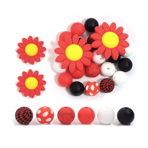 Stiesy 46 Stück rote Blumen-Silikonperlen mit 2 mm Loch, Sonnenblumen, 15 mm, runde Silikonperlen, Großpackung für selbstgemachte Halsketten, Sommerschmuck von Stiesy