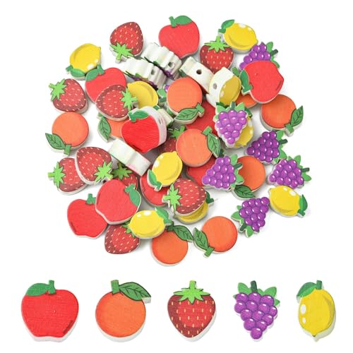 Stiesy 50 Stück 5 Stile Holz Obstperlen Holz Erdbeere Zitrone Apfel Traube Orange Form Abstandshalter Handwerk Perlen Bulk für Schmuck Armband Halskette Ohrring von Stiesy