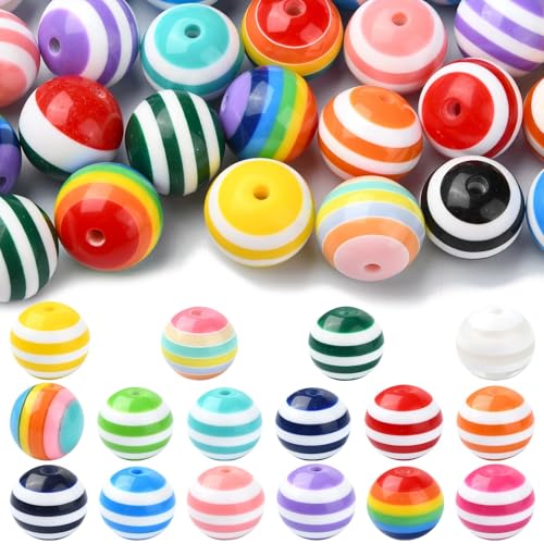 Stiesy 50 Stück Regenbogenfarbene, gestreifte Harzperlen, 20 mm, runde Perlen, Abstandshalter, klobige Kaugummi-Perlen, große runde lose Perlen für Halsketten, Armbänder, DIY-Schmuckherstellung, von Stiesy