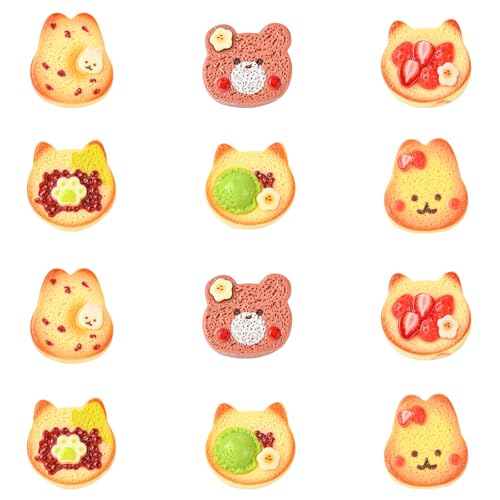Stiesy 60 Stück 6 Stile Harz Imitation Lebensmittel Toast Schleim Charms Katze Kaninchen Bär Form mit Früchten Cabochon Flache Rückseite Perlen Keine Löcher für Schmuckherstellung & Handy-Schutzhüllen von Stiesy