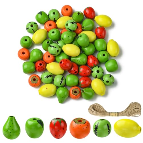 Stiesy 60 Stück sortierte 3D-Obstholzperlen mit Jutekordel Birne Apfel Erdbeere Wassermelone Zitrone Form Holzperlen DIY Armband Herstellung Zubehör für Schlüsselanhänger Bastler hausgemachtes von Stiesy