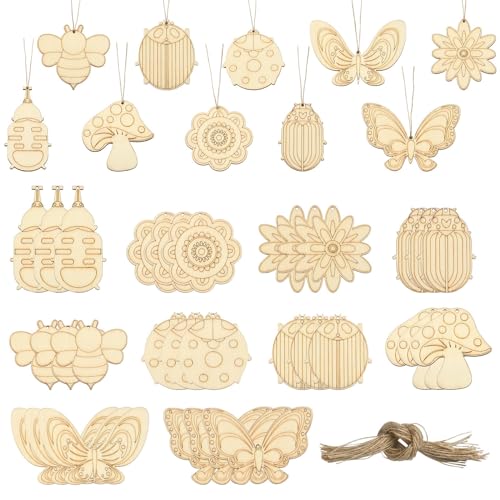 Stiesy 60 Stück unlackierte Holzanhänger in 10 Stilen, Ornament für Zuhause, Basteln, hängende Dekorationen, Schmetterling, Biene, Marienkäfer, Blumenform, Holzausschnitte, blanko, Holzstücke für von Stiesy