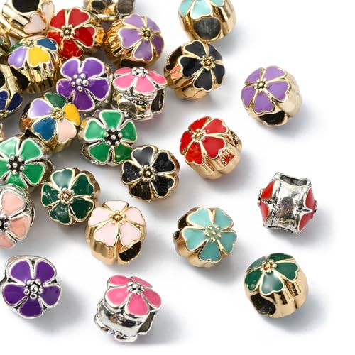Stiesy Blumen-Perlen aus Metalllegierung, Emaille, vergoldet, 4 ~ 4,5 mm, großes Loch, Abstandshalter für selbstgemachte Charms, Armbänder, Halsketten, Schmuckherstellung, 30 Stück von Stiesy