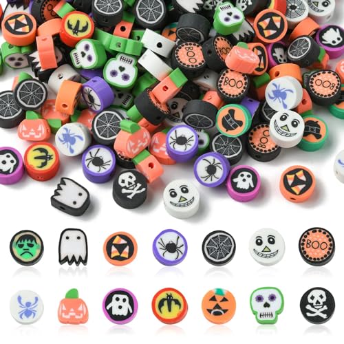 Stiesy Halloween-Perlen aus Ton, Totenkopf, Fledermaus, handgefertigt, Modelliermasse, Kürbis-Abstandshalter, Großpackung für DIY-Schmuckherstellung, Armband, 200 Stück von Stiesy