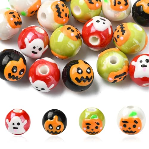 Stiesy Halloween-Perlen zum Selbermachen, 13 mm, rund, mit Kürbis-Geist, Porzellan-Abstandshalter, lose Perlen, Großpackung für gruselige Armbänder, Halsketten, 16 Stück von Stiesy