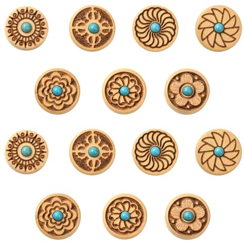 Stiesy Holzperlen in 7 Stilen mit türkisfarbenem 15,5 mm flachem, rundem Blumenmuster, Bohemian-Stil, Abstandshalter, Holzperlen, Großpackung für Schmuckherstellung, Bastelarbeiten, 14 Stück Stiesy Holzperlen in 7 Stilen mit türkisfarbenem 15,5 mm flachem, rundem Blumenmuster, Bohemian-Stil, Abstandshalter, Holzperlen, Großpackung für Schmuckherstellung, Bastelarbeiten, 14 Stück von Stiesy