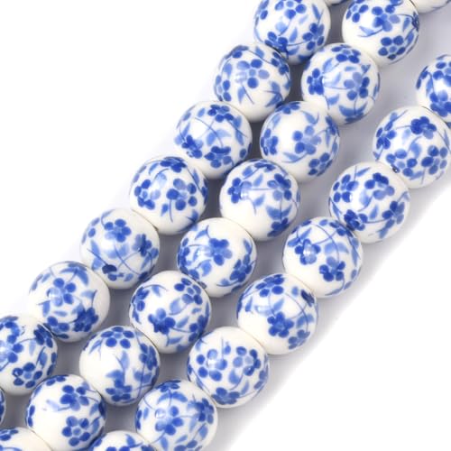 Stiesy Keramikperlen, 8 mm, rund, handgefertigt, blaue Blume, bedruckte Porzellan-Keramikperlen, Stränge für Schmuckherstellung, DIY, Basteln, Armbänder, Halsketten, 3 Stränge von Stiesy