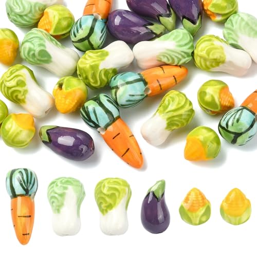 Stiesy Porzellanperlen mit Gemüse-Thema, Familie, Rose, Karotte, Aubergine, Mais, Kohlform, Keramik-Abstandshalter für DIY-Armbänder, Gartenliebhaber, Bastelzubehör, 24 Stück von Stiesy