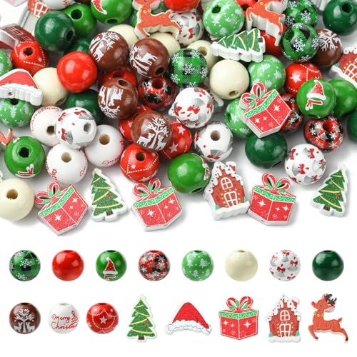 Stiesy Runde Holzperlen mit weihnachtlichem Motiv, Abstandshalter zum Basteln, Holzperlen, Großpackung, Krhistmen, Baumhut, Hirsch, Box, Festival-Zubehör für Schmuck, Party, Bastelbedarf von Stiesy