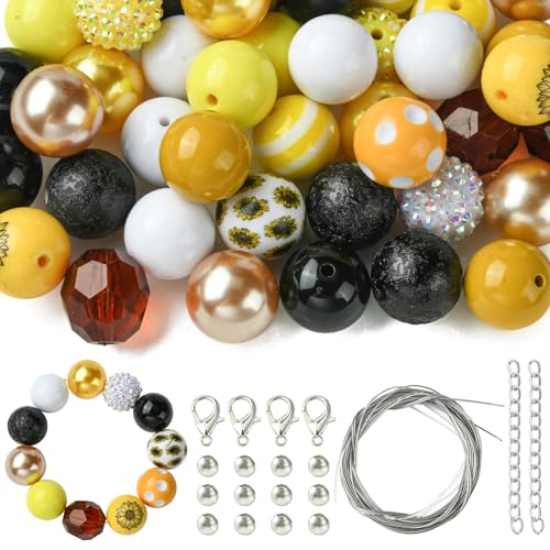 Stiesy Runde Kugelperlen mit Sonnenblumen-Motiv, 20 mm, Kaugummi-Perlen, Acryl, Gelb, Abstandshalter mit Drahtverschlüssen, Set für Schmuckherstellung, DIY, Armband, Basteln, 50 Stück von Stiesy