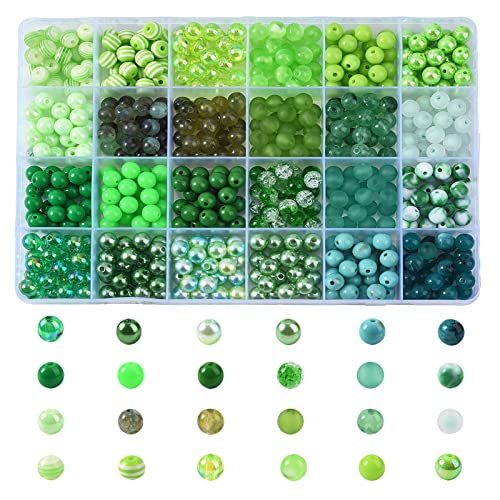 Stiesy Runde Perlen, 600 Stück, grün, 8 mm, fluoreszierende Abstandshalter, lose Perlen, gemischte Acrylperlen, mattierte Perlen, transparentes Bastelperlen-Set für Armbänder, Schmuckherstellung, von Stiesy