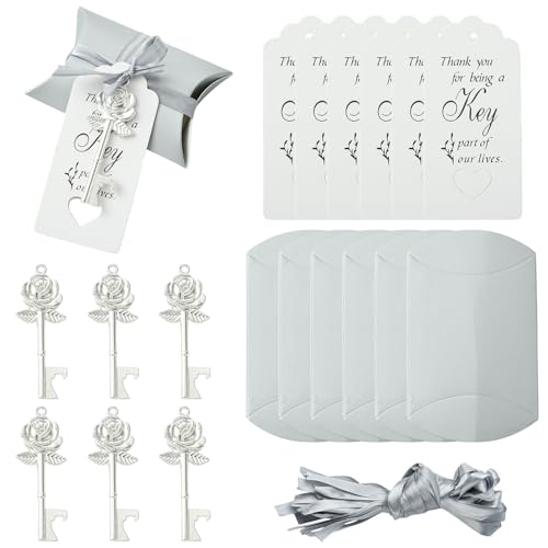 Stiesy Schlüssel-Flaschenöffner-Set, Rosen-Form, Vintage-Stil, für Hochzeit, Party, Geschenk-Set, silberfarbene Kissenbox, Süßigkeitenschachteln mit Dankeskarten, Karten und Band für Gäste, Souvenir Stiesy Schlüssel-Flaschenöffner-Set, Rosen-Form, Vintage-Stil, für Hochzeit, Party, Geschenk-Set, silberfarbene Kissenbox, Süßigkeitenschachteln mit Dankeskarten, Karten und Band für Gäste, Souvenir von Stiesy