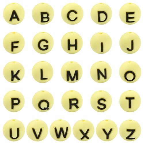 Stiesy Silikon-Buchstabenperlen, 10 mm, rund, A-Z, Initiale, Alphabet, Silikonperlen für Namensarmband, Halskette, Basteln, Gelb, 26 Stück von Stiesy