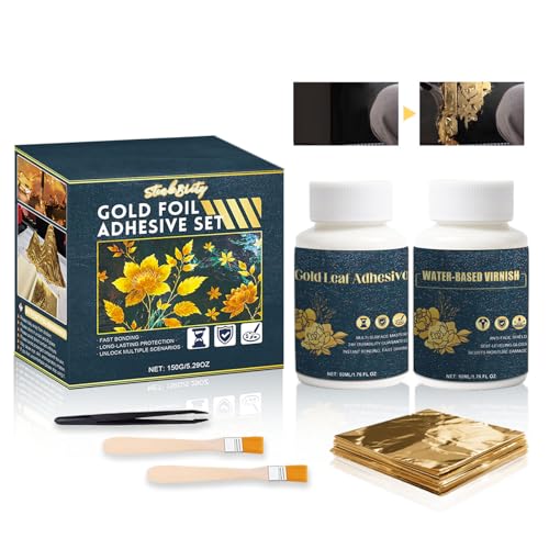 Blattgold Kleber, Anlegemilch für Blattgold, 50 ml Kleber und 50 ml Schutzlack auf Wasserbasis, Blattgold 100 Stück, 2 Pinsel, für Malerei, Metallfolienblätter, Basteln, Malen von StinkBlitz