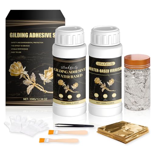 StinkBlitz Anlegemilch für Blattgold, Blattgold Kleber, 100 ml Kleber und 100 ml Schutzlack auf Wasserbasis, Blattgold 100 Stück, 2 Pinsel, für Malerei, Metallfolienblätter, Handwerk, Vergoldung von StinkBlitz