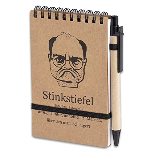 Stinkstiefel Notizbuch mit Stift und Haftnotizen - 50 Blatt – Mini Notizbuch 14cm x 9cm - Notiz Block mit Spiralbindung - Geschenke für Freunde, Arbeitskollegen und Schüler - Notizbuch Büro von Stinkstiefel