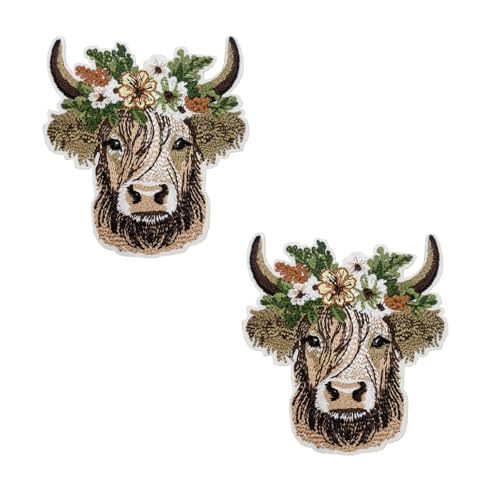 Bestickter Aufnäher zum Aufbügeln, 7,6 cm, Hochlandkuh mit Blumenkrone, 2 Stück Bestickter Aufnäher zum Aufbügeln, 7,6 cm, Hochlandkuh mit Blumenkrone, 2 Stück von Stitch-Witch