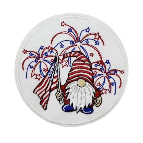 Bestickter Aufnäher zum Aufbügeln, Motiv: amerikanischer Zwerg unter patriotischem Feuerwerk, 4. Juli von Stitch-Witch
