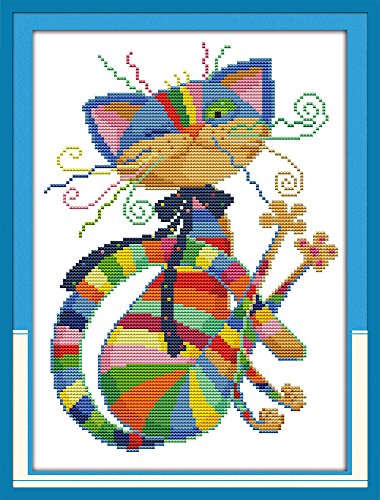 Stitchmelody 11CT Stamped Kreuzstich-Set 'Bunte Katze', vorgezeichnet auf Aida-Stoff (32x42cm) - inkl. Garn, Nadel & Anleitung von Stitchmelody