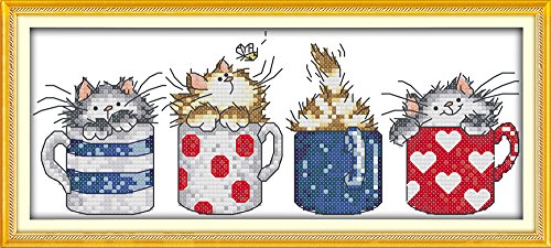 Stitchmelody Gestempeltes Kreuzstich-Set, 11-fädiges Muster, DMC, Stickset, 4 Katzen in den Tassen, 37 x 17 cm von Stitchmelody