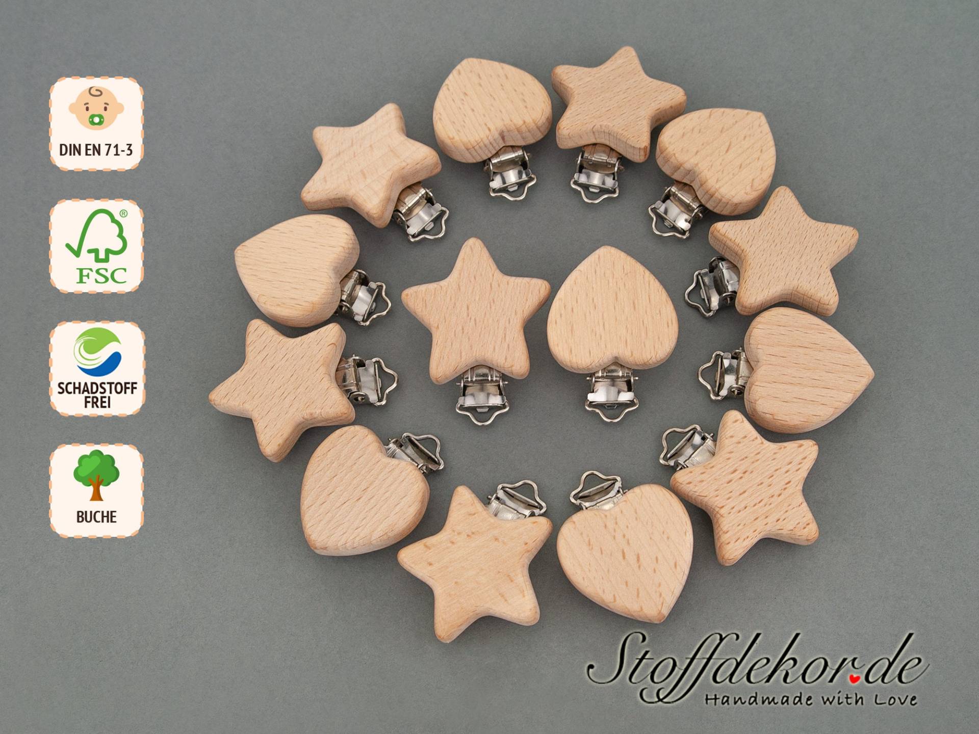 Holzclip Stern Herz Schnullerclip Baby-Clip Schnullerkettenclip Anhängerclip Clip Für Wagenkette Spielkette Buggy Maxi-Cosi Anhänger Holzclip Stern Herz Schnullerclip Baby-Clip Schnullerkettenclip Anhängerclip Clip Für Wagenkette Spielkette Buggy Maxi-Cosi Anhänger von Stoffdekor