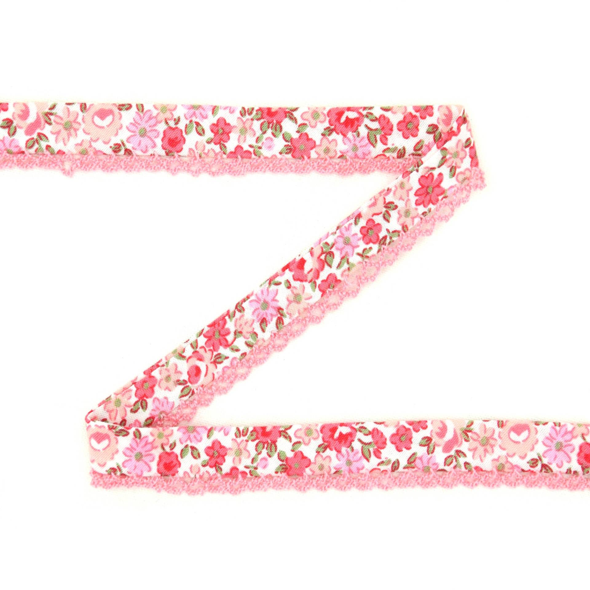 Baumwoll-Schrägband Blumen, weiss - rosa 12 mm von Stoffe Hemmers