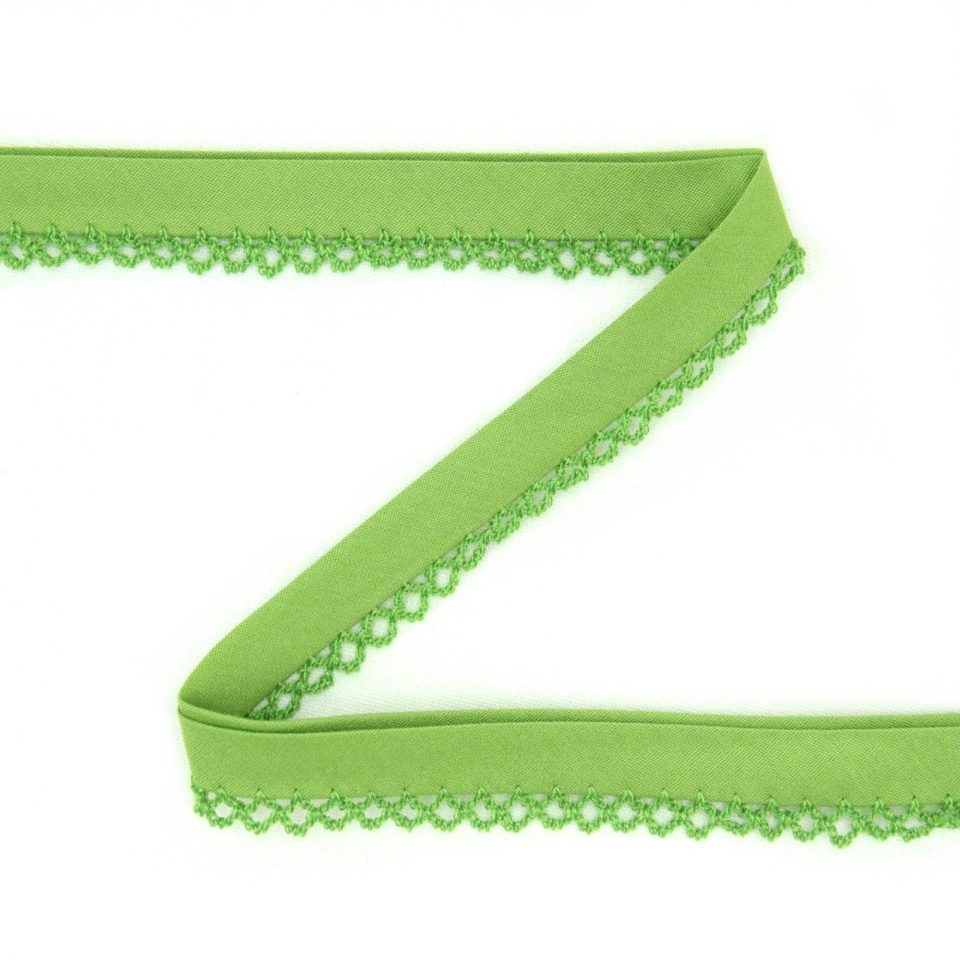 Baumwoll Schrägband Häkelborte Uni, grün 14 mm Baumwoll Schrägband Häkelborte Uni, grün 14 mm von Stoffe Hemmers