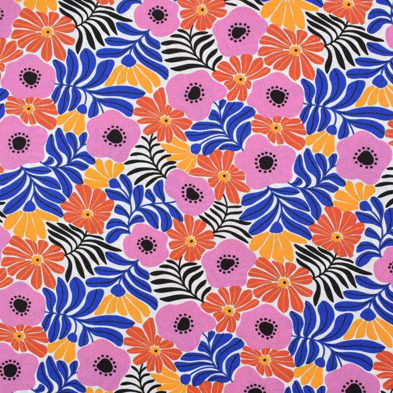 Baumwoll Popeline Retro Flowers, weiß von Stoffe Hemmers
