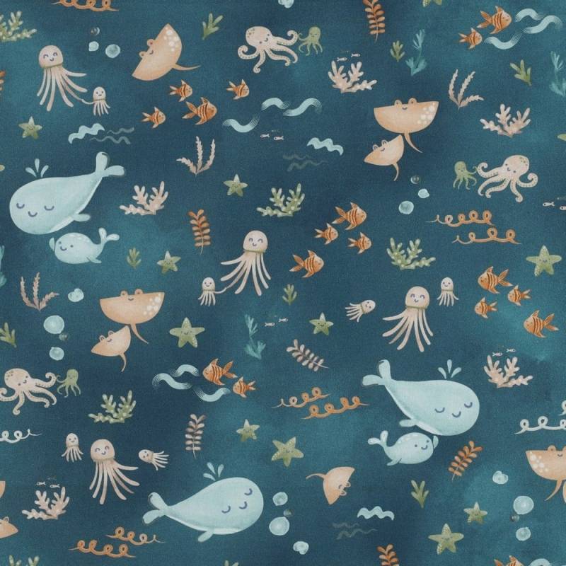 Baumwoll Popeline Sea Animals, petrol von Stoffe Hemmers