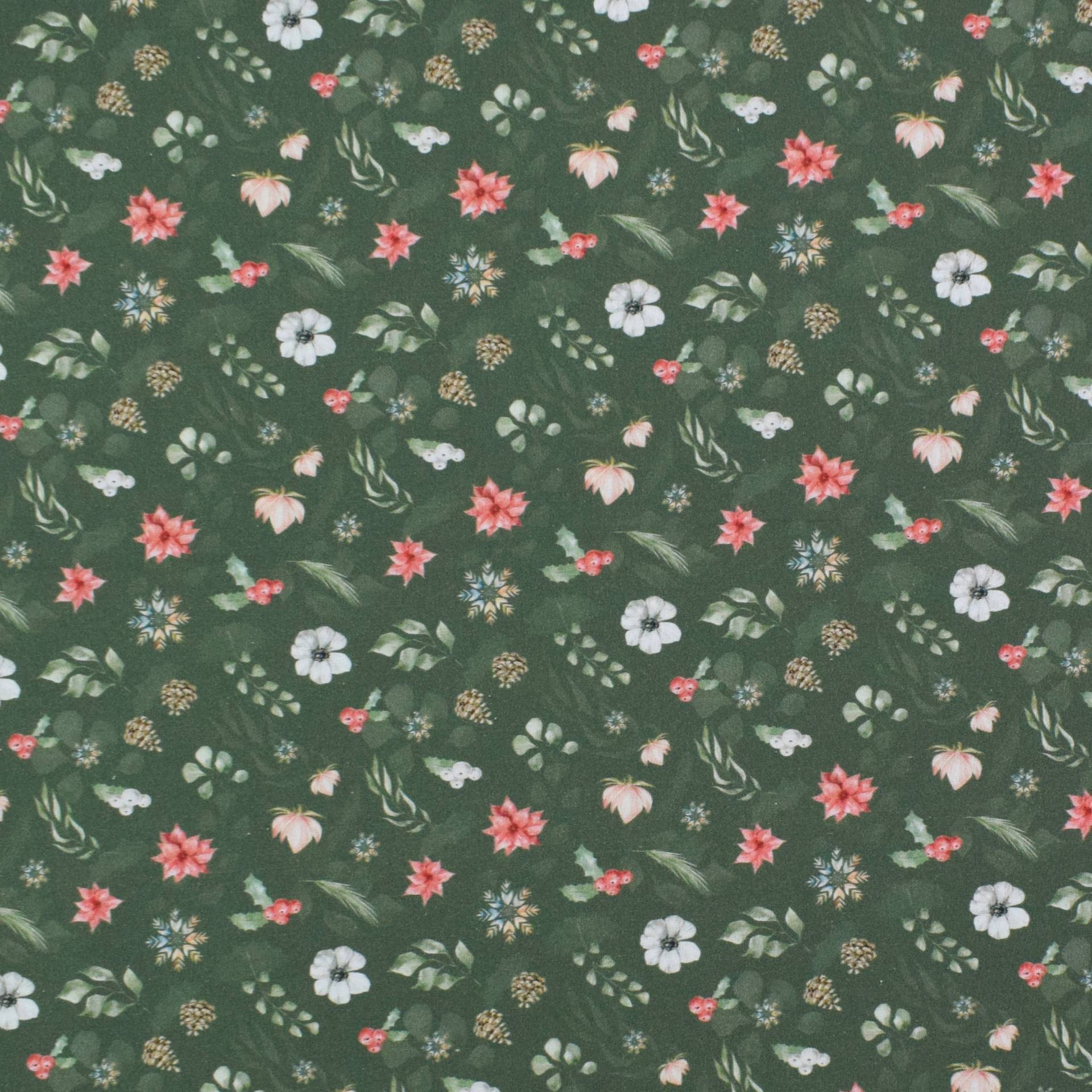Baumwoll Popeline Winter Flowers, dunkelgrün von Stoffe Hemmers