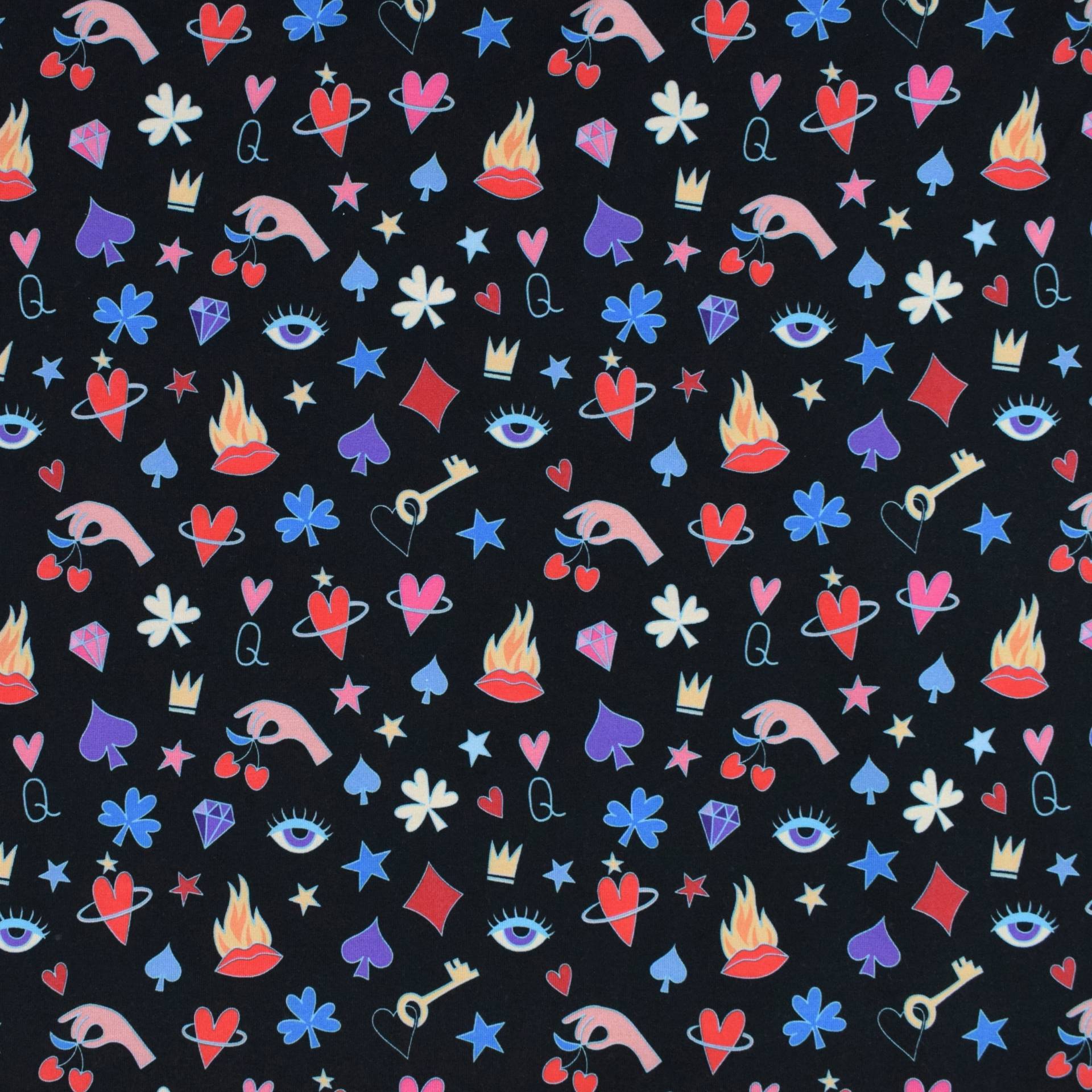 Baumwolljersey Albstoffe Hamburger Liebe Queen of Hearts Queens Secrets, schwarz von Stoffe Hemmers