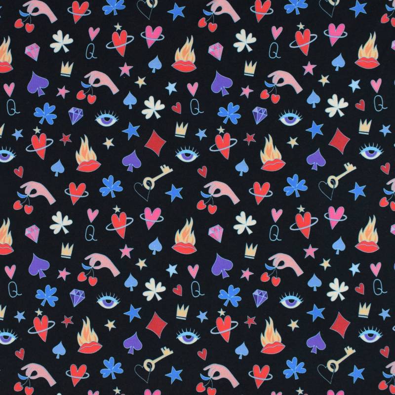 Baumwolljersey Albstoffe Hamburger Liebe Queen of Hearts Queens Secrets, schwarz von Stoffe Hemmers