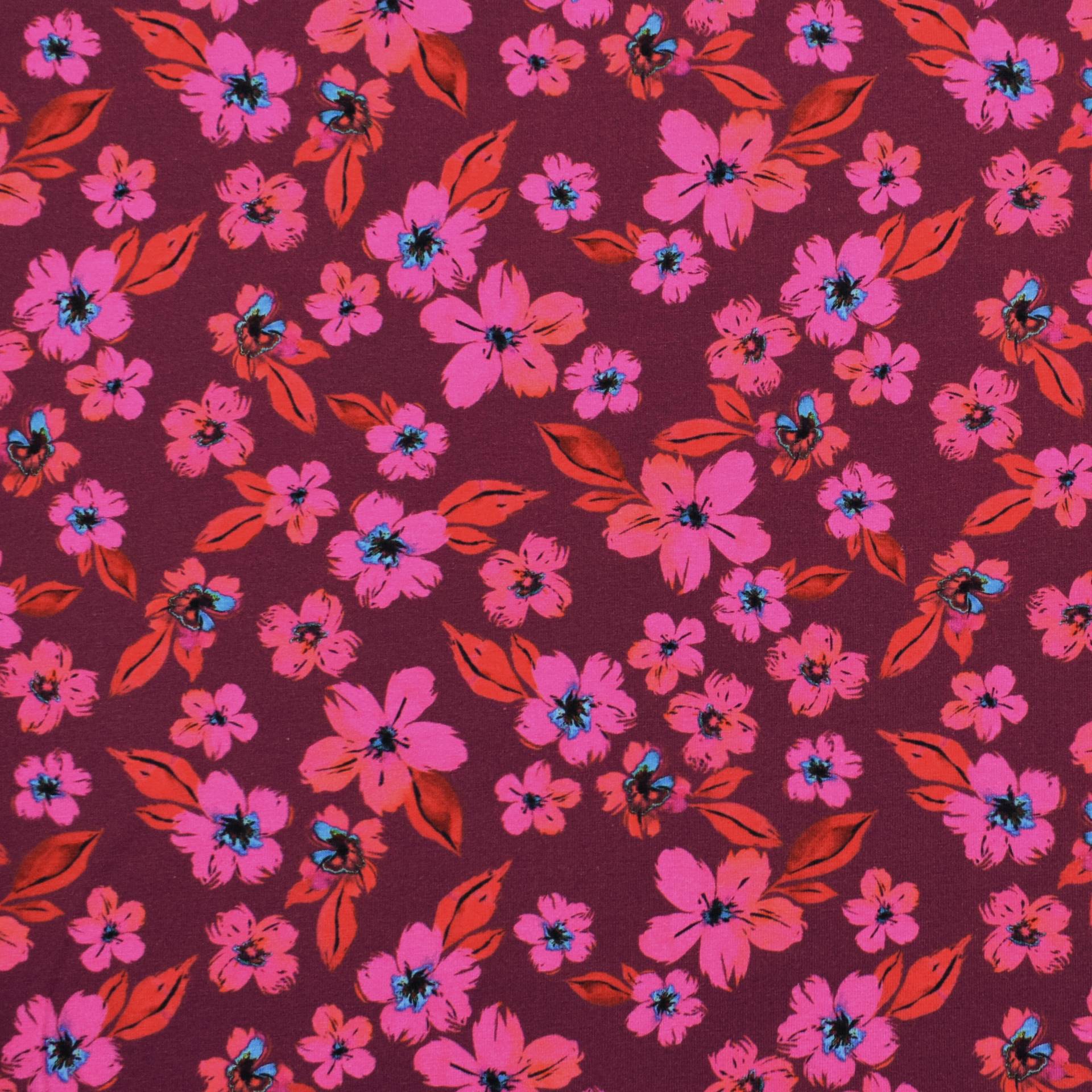 Baumwolljersey Blumenliebe, weinrot von Stoffe Hemmers