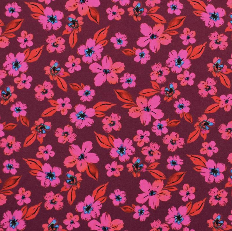 Baumwolljersey Blumenliebe, weinrot von Stoffe Hemmers