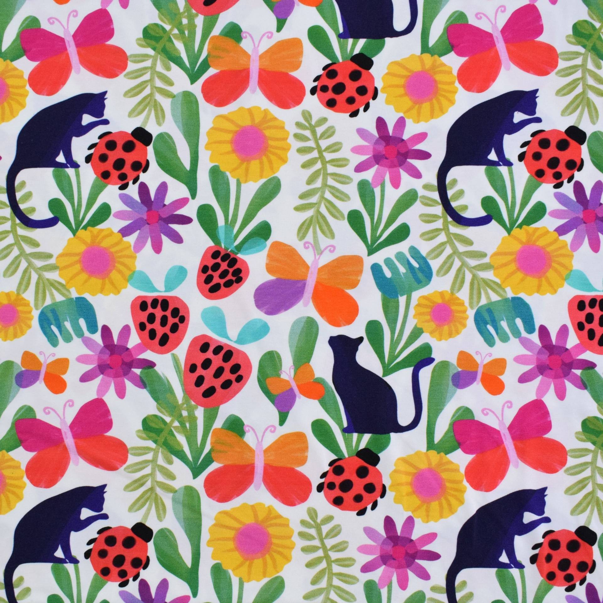 Baumwolljersey Cats, Ladybugs & Butterflies, weiß von Stoffe Hemmers